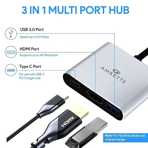 Amkette 3-in-1 Type C to HDMI Adapter, Multiport USB C to HDMI Adaptor with 4K@30Hz, USB 3.0 @ 5Gbps, 100W PD Charging Port for Laptop, MacBook, PC and Other Type C Devices