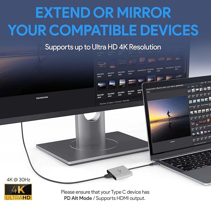 Amkette 3-in-1 Type C to HDMI Adapter, Multiport USB C to HDMI Adaptor with 4K@30Hz, USB 3.0 @ 5Gbps, 100W PD Charging Port for Laptop, MacBook, PC and Other Type C Devices