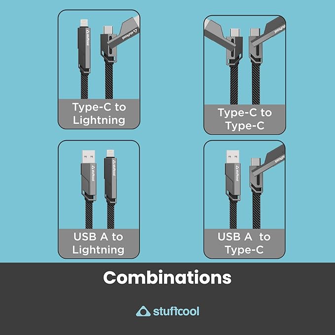 Stuffcool Quad Pro 4 in 1 Metal Flat Braided Indestructible Cable 1.5m 60W with lightning to type C, type C to C, Lighting to type A compatible for iPhones, iPads, Macbooks, Type C Laptops