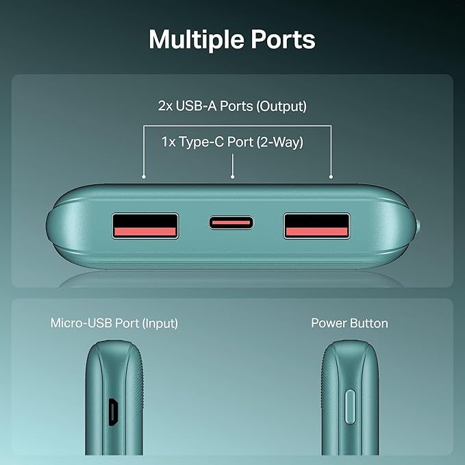 10000mAh Power Bank with 22.5W Fast Charging, 3X Output Ports, Supports Android, iPhone, Tablets, Earbuds (Cerulean Blue)