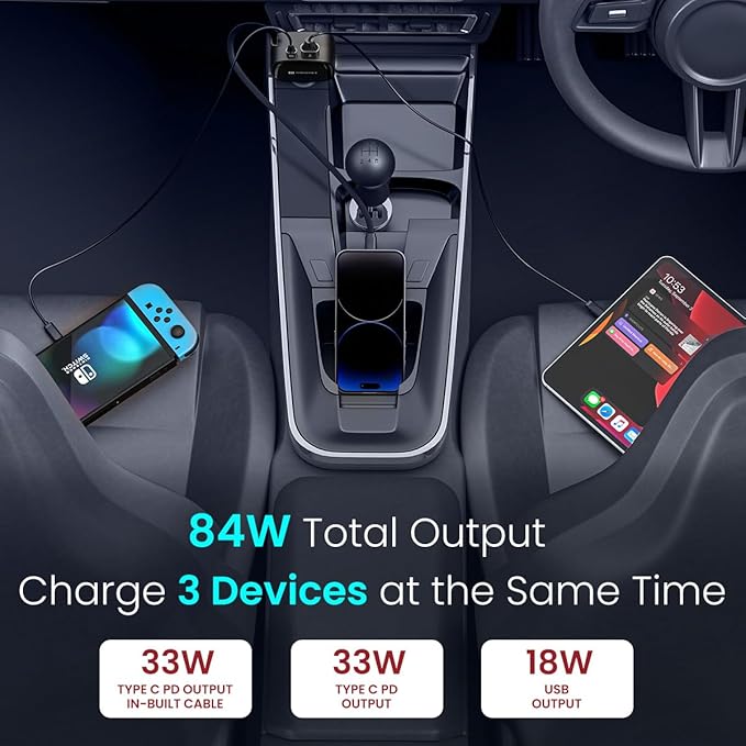 Portronics Car Power Retracto 84W 3 in 1 Car Charger, 80 cm Retractable Cable (33W Type-C PD), Dual Port (18W USB Type-A & 33W Type-C) for Laptop, Android, iPhone, Earbuds and More