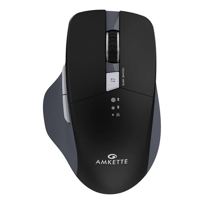 Amkette Hush Pro Epic M Rechargeable Wireless Mouse/Bluetooth Mouse | 3 Device Connectivity (2xBT&2.4G) with Top Mounted Device Switch Button, Silent Switches, Ergonomic Design, Upto 3200 DPI