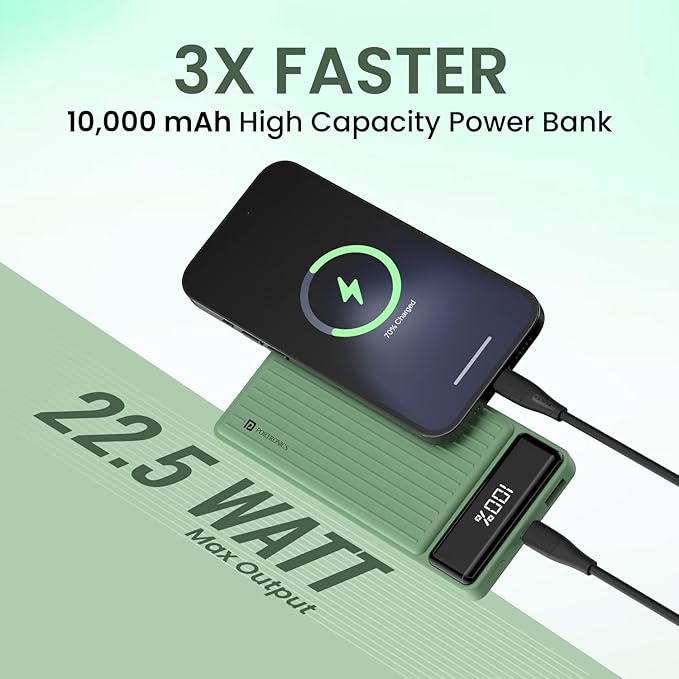 10000 mAh 22.5W Fast Charging Power Bank, Ultra Slim Power Bank with Mach USB-A Output, Type C PD Output, Type C Input, Wake Up Button