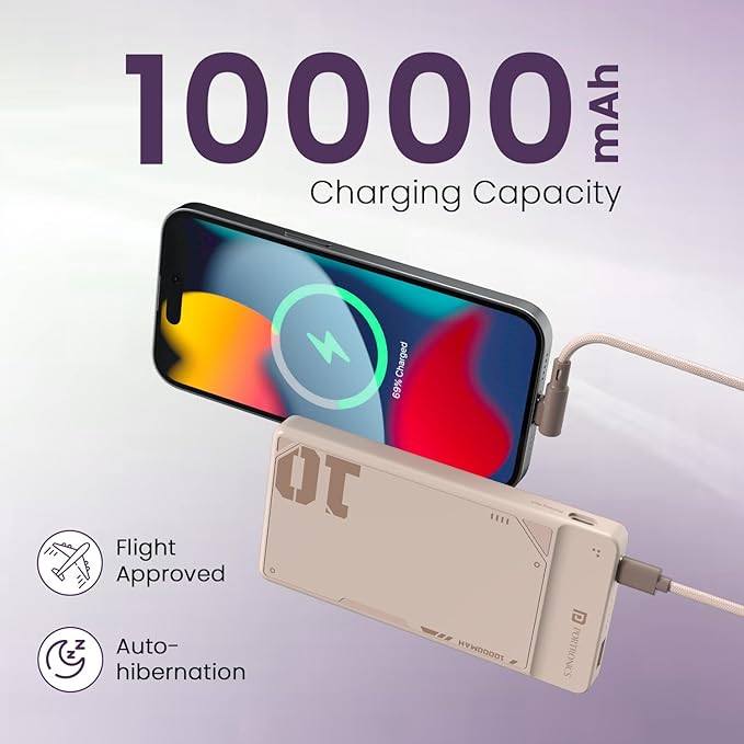 10000 mAh 22.5W Fast Charging Power Bank with Detachable Type C Cable, Ultra Slim Power Bank with Mach USB-A Output, Type C PD Output, Type C Input, Wake Up Button(Mocha)
