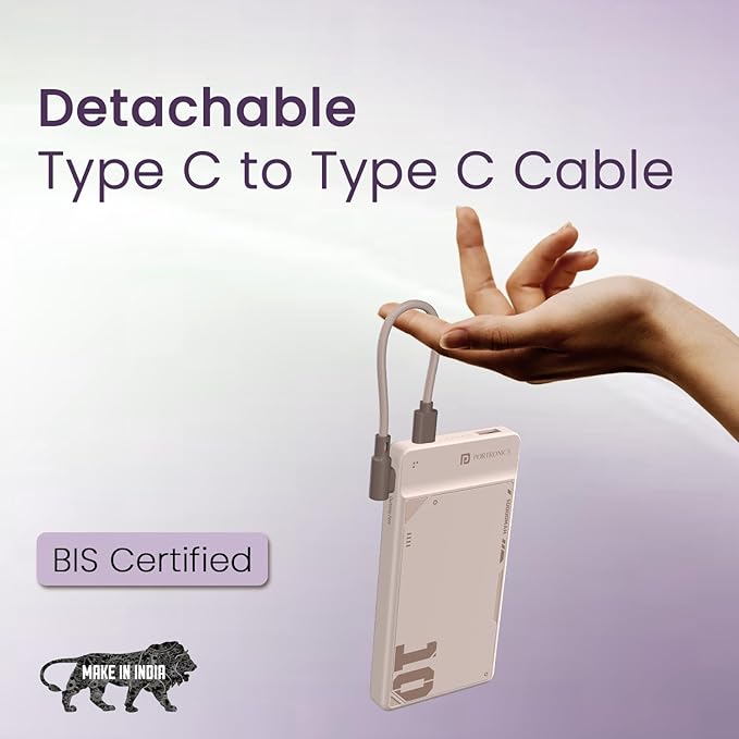 10000 mAh 22.5W Fast Charging Power Bank with Detachable Type C Cable, Ultra Slim Power Bank with Mach USB-A Output, Type C PD Output, Type C Input, Wake Up Button(Mocha)