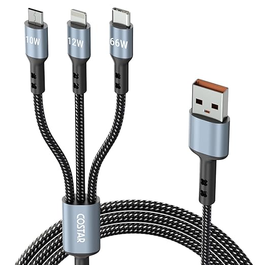 60W 3-in-1 Multi Fast Charging Cable – 3A Nylon Braided 1.5M Cable with Type-C & Micro USB for iPhone, iPad, Samsung, OnePlus, Xiaomi, Oppo, Vivo, Android & Car Charging (Black)