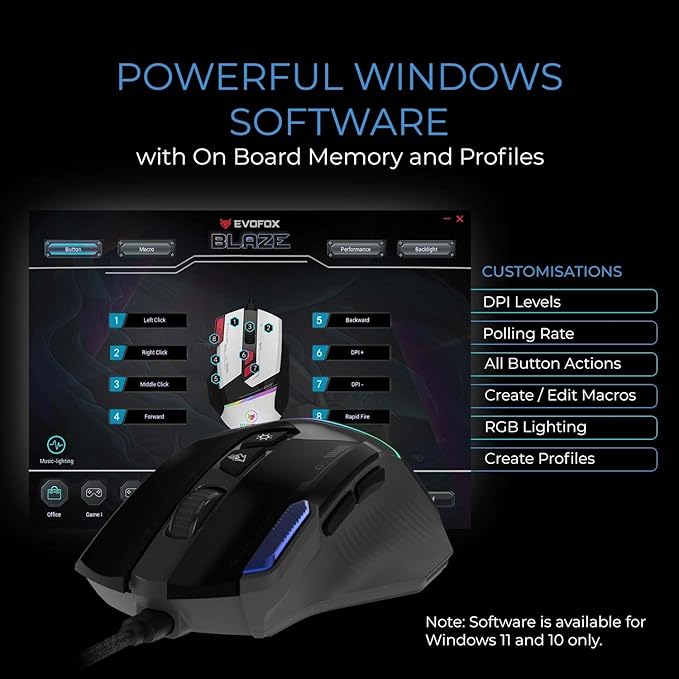 EvoFox Blaze Ultra Value 8 Button Programmable Gaming Mouse with 1000Hz Polling Rate | Gaming Grade DPI 200 to 12800 | Ultra-Responsive 7000fps | RGB Lights with Music sync Mode | Windows Software