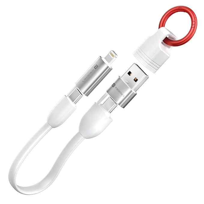 4 in 1 Multifunctional Fast Charging Cable With In Built KeyChain, 25cm Length, Tangle Free Flat Cable, Type C to Type C/Lightening, USB A, Fast Data Sync (White)