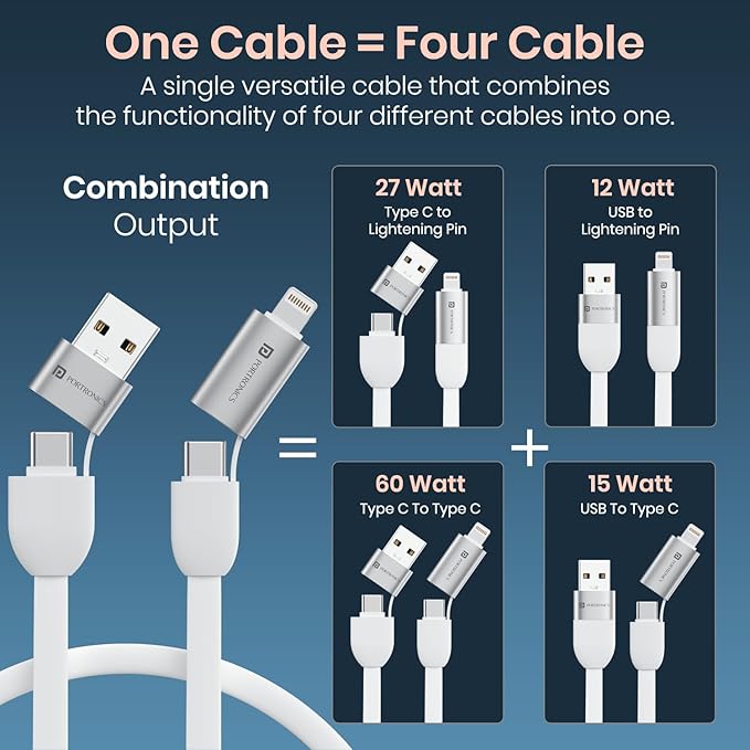 4 in 1 Multifunctional Fast Charging Cable With In Built KeyChain, 25cm Length, Tangle Free Flat Cable, Type C to Type C/Lightening, USB A, Fast Data Sync (White)