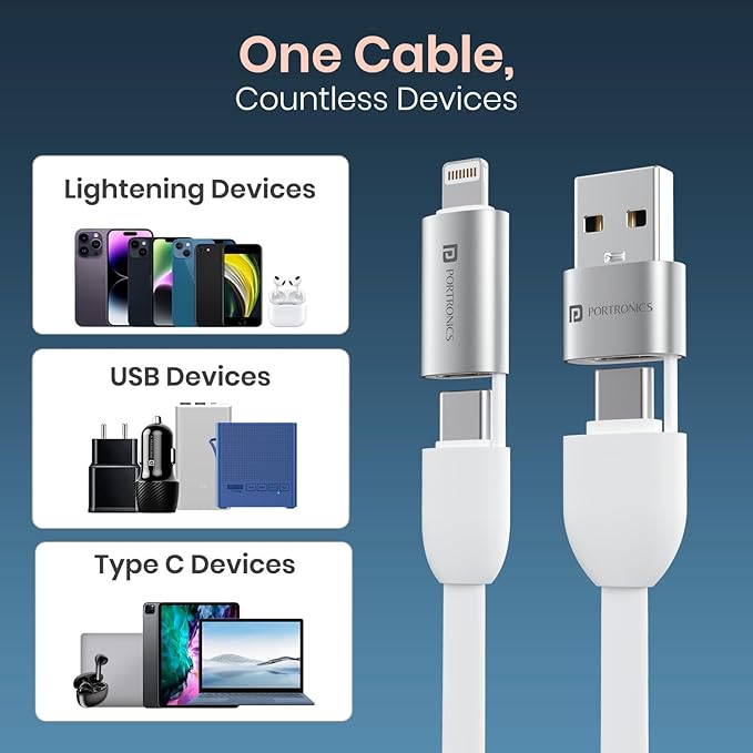 4 in 1 Multifunctional Fast Charging Cable With In Built KeyChain, 25cm Length, Tangle Free Flat Cable, Type C to Type C/Lightening, USB A, Fast Data Sync (White)