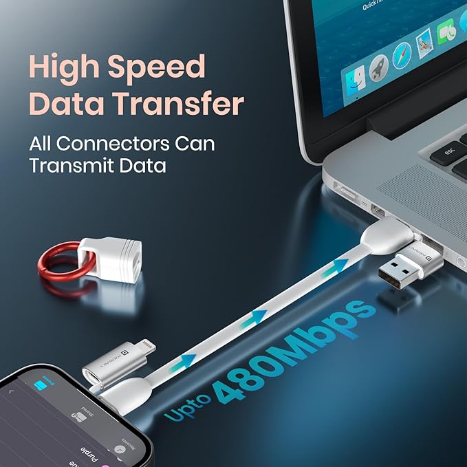 4 in 1 Multifunctional Fast Charging Cable With In Built KeyChain, 25cm Length, Tangle Free Flat Cable, Type C to Type C/Lightening, USB A, Fast Data Sync (White)