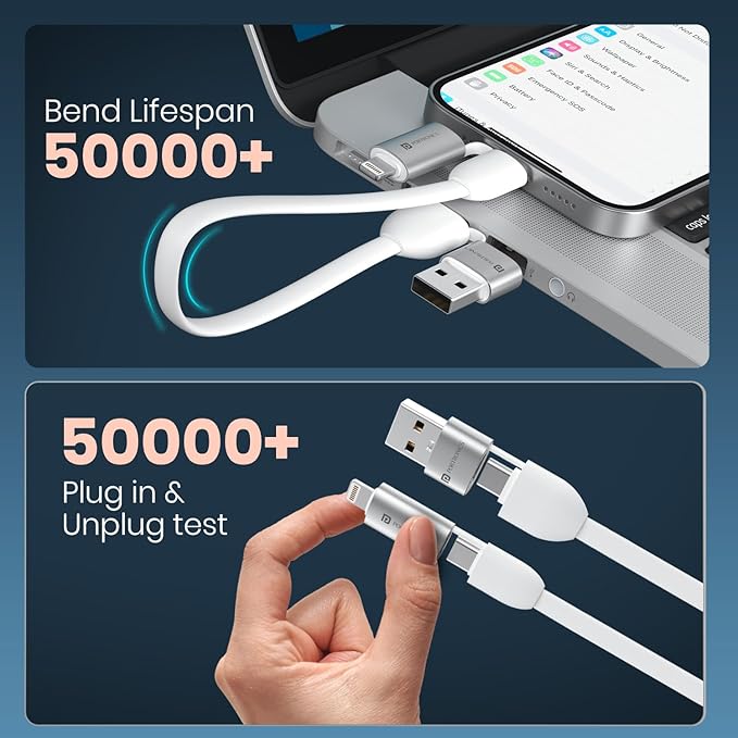4 in 1 Multifunctional Fast Charging Cable With In Built KeyChain, 25cm Length, Tangle Free Flat Cable, Type C to Type C/Lightening, USB A, Fast Data Sync (White)