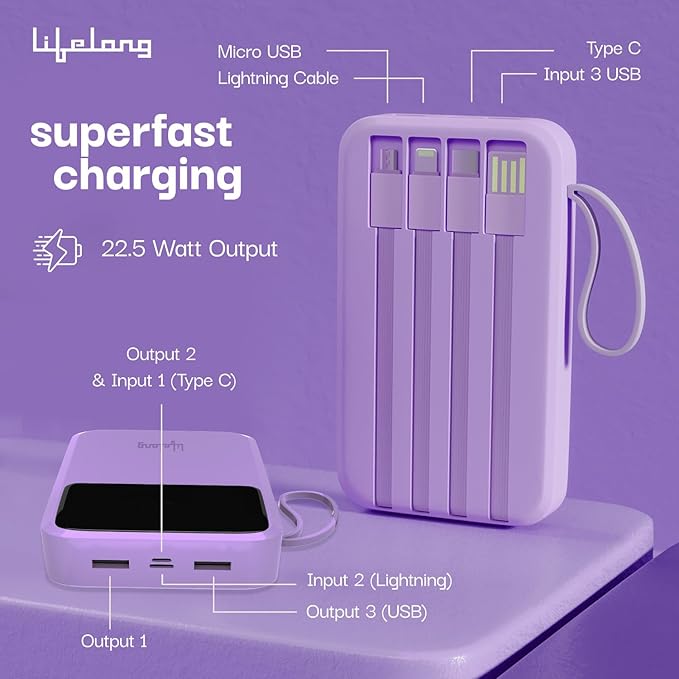Lifelong Electronics 20000mAh 22.5W Fast Charging Power Bank | 3 Inputs (in-Built USB Cable + Lightning + Type-C Port) | 6 Outputs (3 in-Built Cables + 1 Type-C Port + 2 USB Ports) | QC 3.0 Powerbank