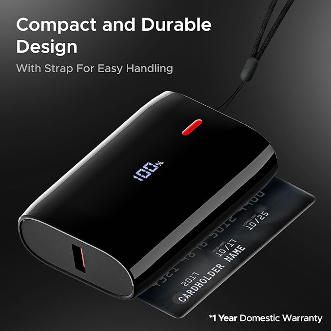 10000 Mah 22.5W USB Type C Pocket Size Power Bank with Compact & Lightweight Design,LED Battery Display,12 Layer Smart IC Protection & Smart Power Management(Carbon Black)