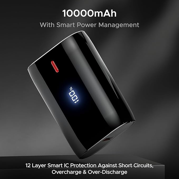 10000 Mah 22.5W USB Type C Pocket Size Power Bank with Compact & Lightweight Design,LED Battery Display,12 Layer Smart IC Protection & Smart Power Management(Carbon Black)